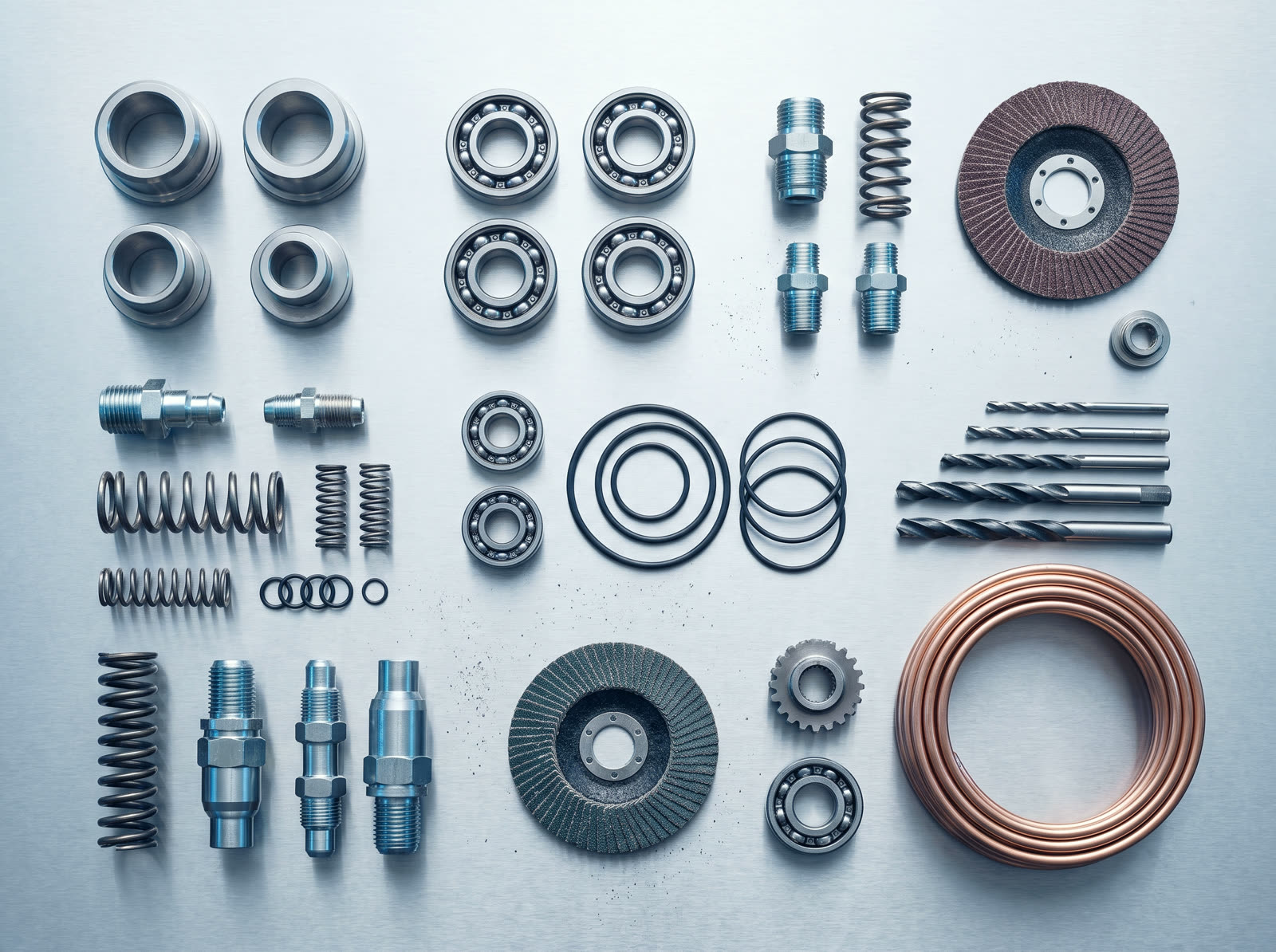 Sortierte Gruppen technischer Teile: Buchsen, Kugellager, Hydraulikverschraubungen, Federn, O-Ringe, Bohrer, Trennscheiben und Kupferrohr