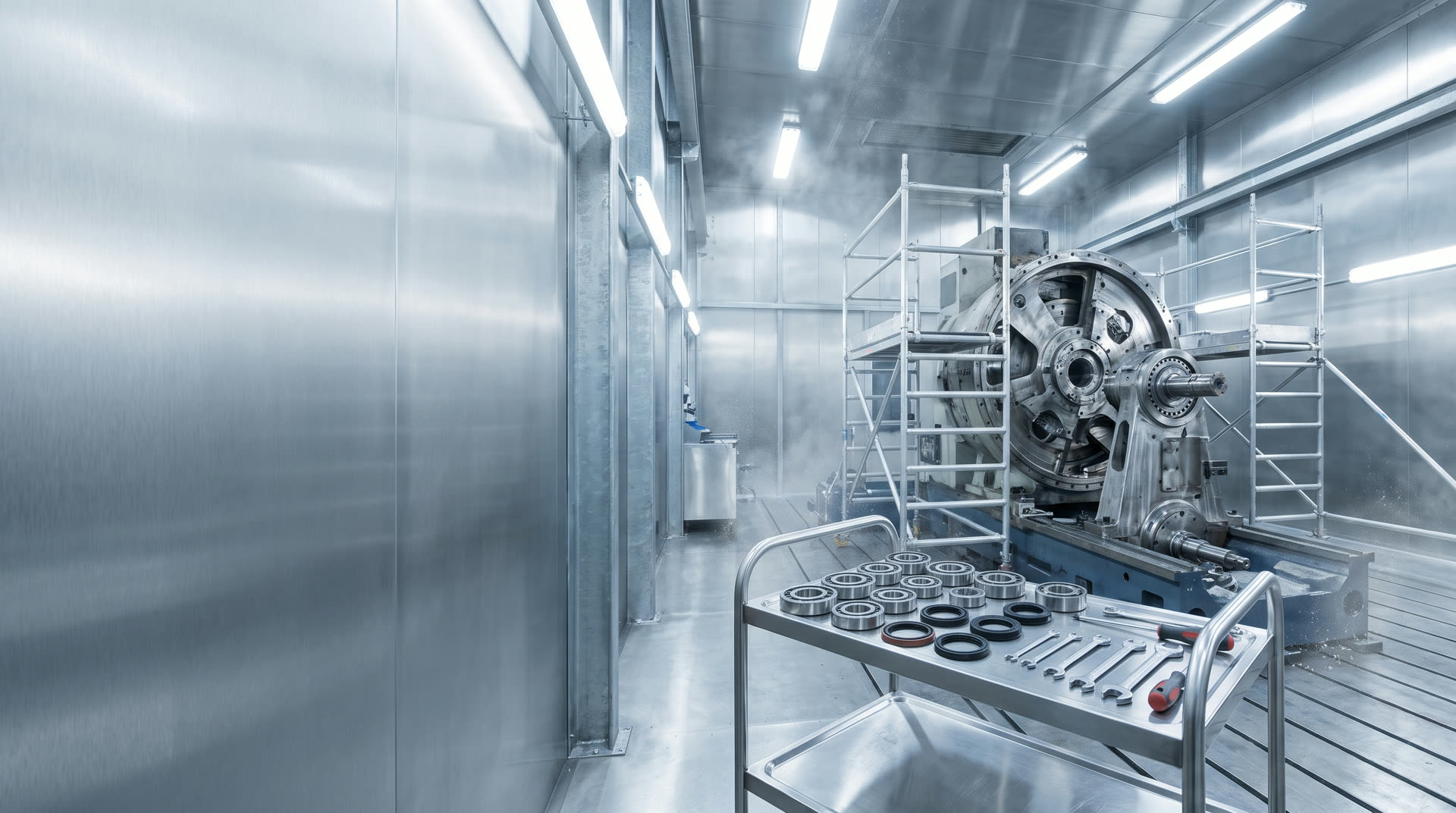 Industrielle Instandhaltung: eine geöffnete Maschine und ein Servicewagen mit Lagern, Dichtungen und Werkzeug