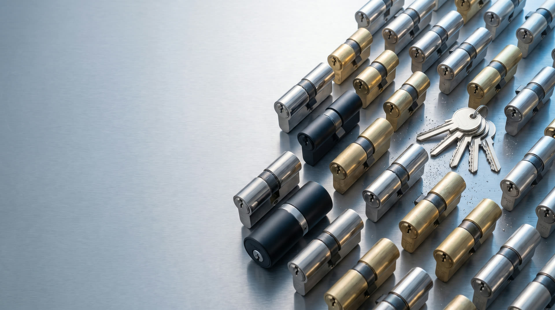 Viele Profilzylinder in Nickel, Messing und Schwarz in exakten Reihen, daneben ein Bund Schlüssel